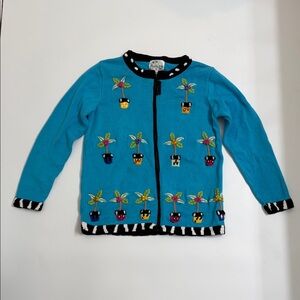 Quacker Factory Palm Tree Embroidered Zip Up Cardigan Tropical Sweater Small VTG